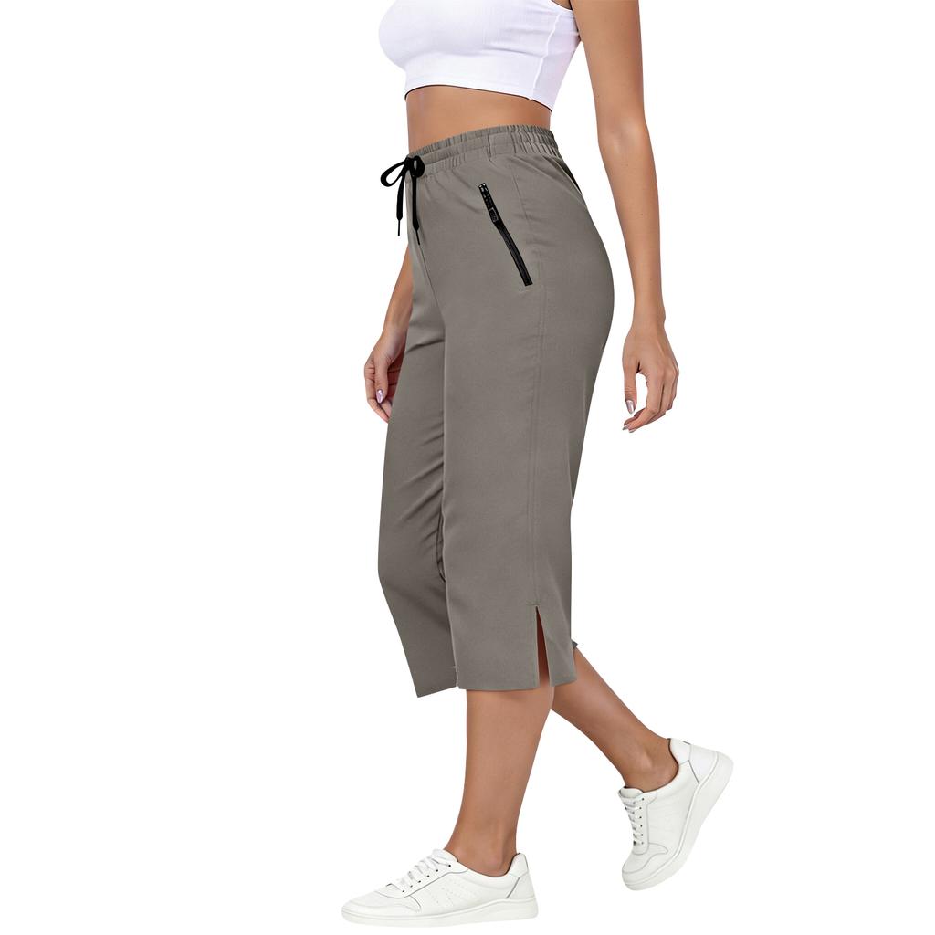 Women Drawstring Elastic Waist Capris Pants with Side Pockets Loose Fit Lightweight Cropped Trousers for Daily Wear