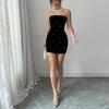 2025 Léto Dámské Sexy Perlové šití Společenské šaty Bez ramínek Bodycon Slim elastické Obepínající boky Černé Minišaty Dámské Oblečení