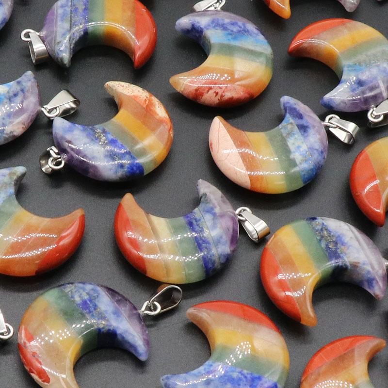 Natural 7 Chakra Crystal Pendant Gemstone Moon Pendant Reiki Healing Crystal Necklace Charm for Jewelry Making Spiritual