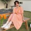 French retro fresh summer new bead neck orange floral dress lady bubble sleeve short sleeve skirt