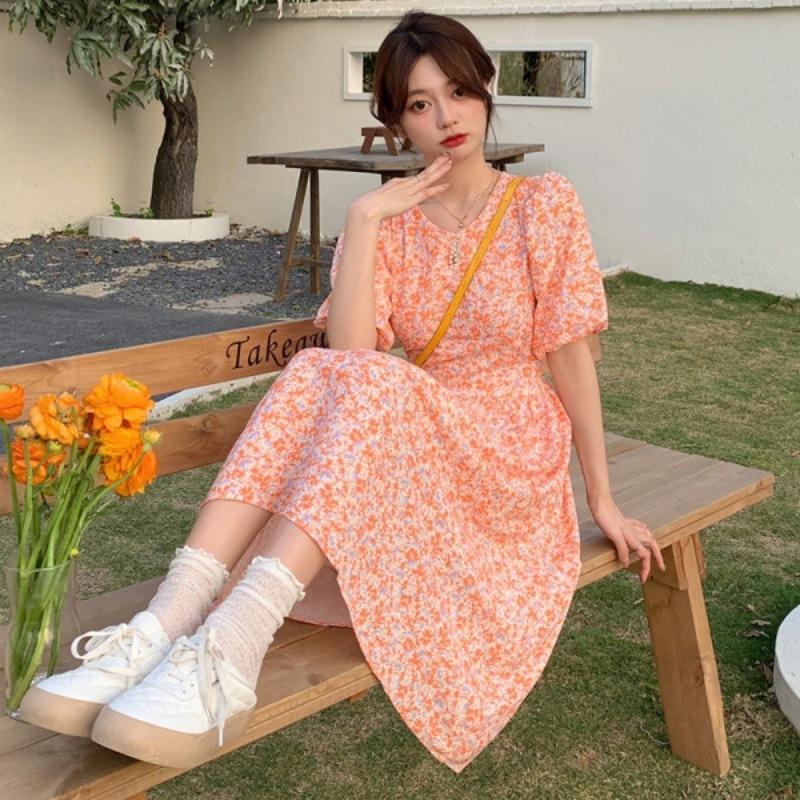 French retro fresh summer new bead neck orange floral dress lady bubble sleeve short sleeve skirt