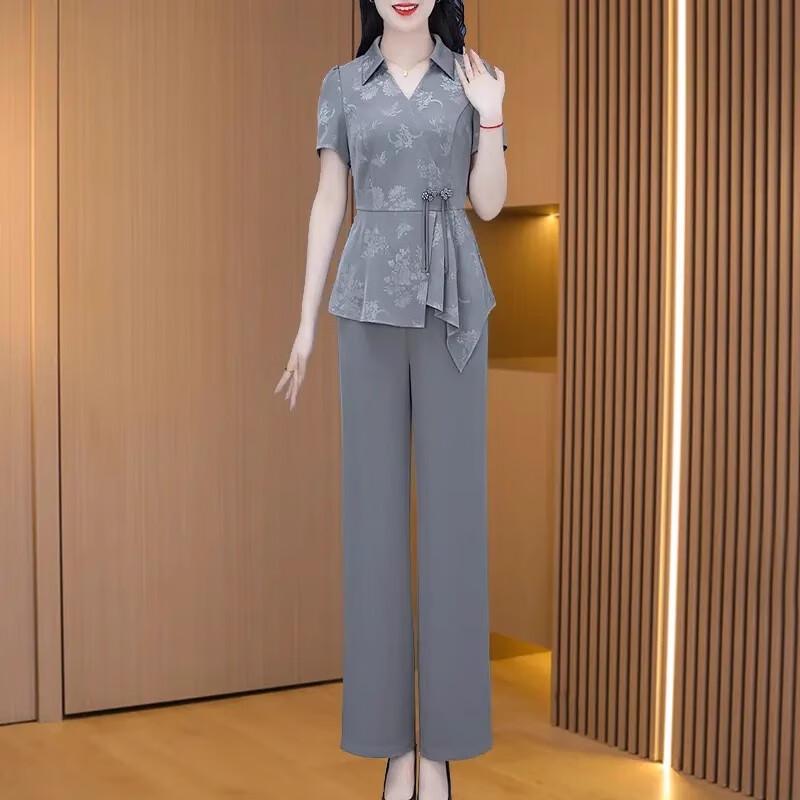 Kebell New Chinese Style Jacquard V-Neck Top & Pants Set XL