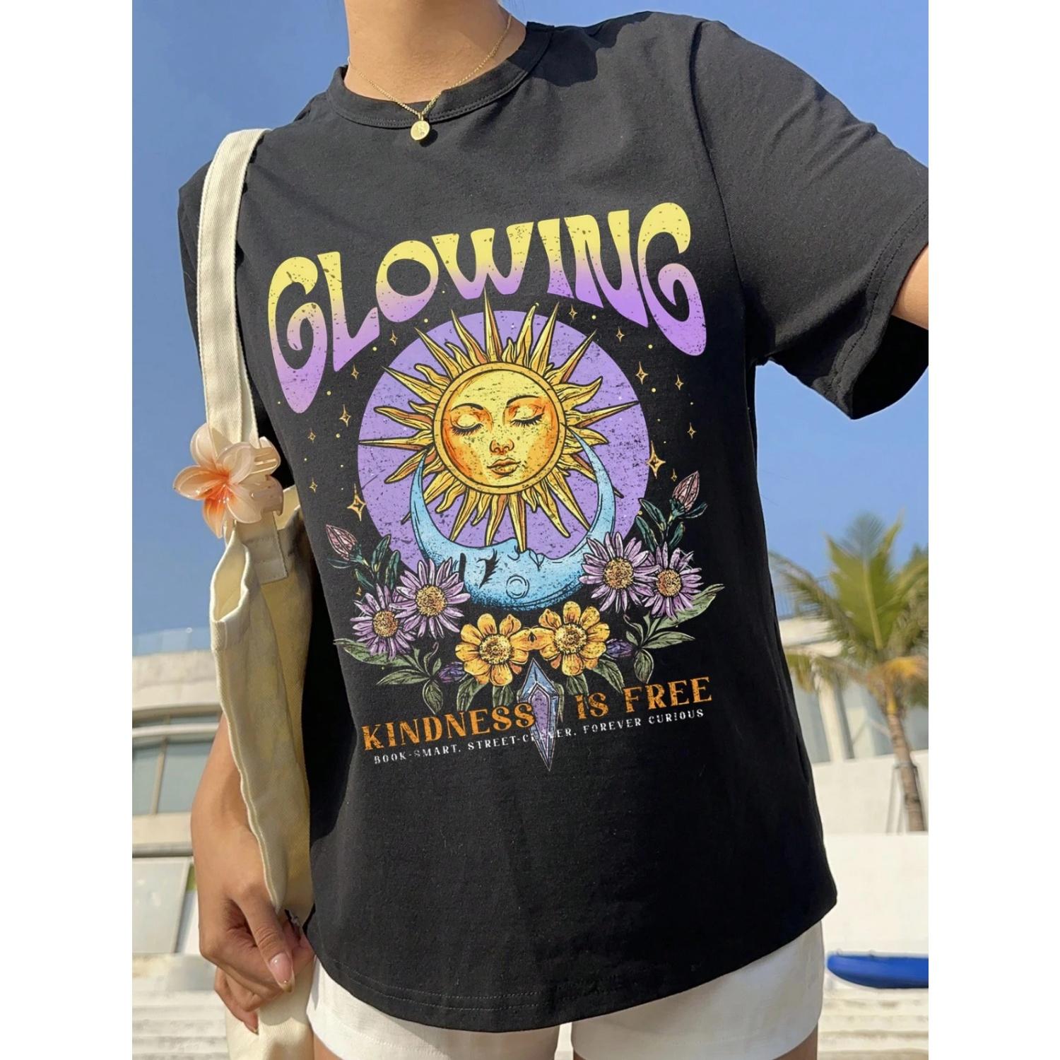 Повседневная минималистичная женская футболка с принтом Бога Солнца, круглым вырезом, коротким рукавом, свободного кроя S чёрный