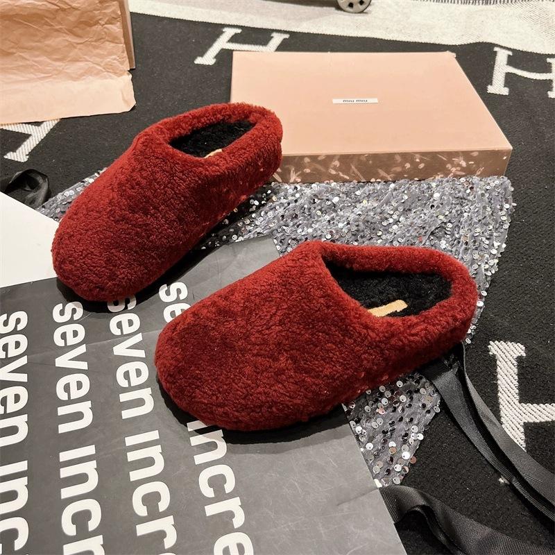 Lamb wool baotou half slippers women wear thick-soled high-end fluffy shoes 2025 autumn new Internet celebrity lazy shoes