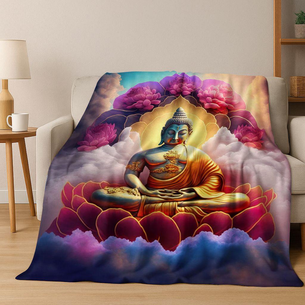 Faith Solemn Buddha Sakyamuni Flower Flannel Blanket,Cozy Soft Throw Blanket for Home Bedroom Bed Sofa Picnic Cover Gift Kids