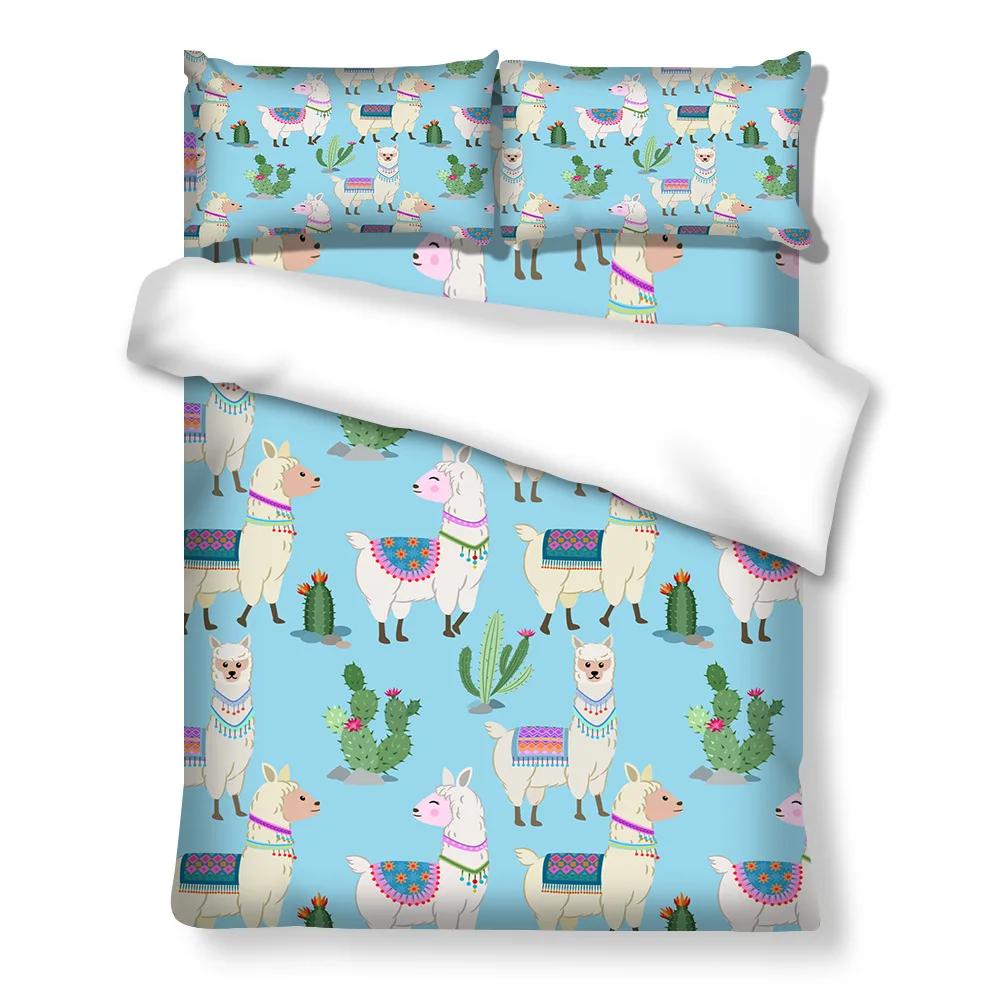 Cartoon Alpaca Duvet Cover King Queen Size Lovely White Animal Bedding Set for Kids Tropical Cactus 2/3pcs Polyester Quilt Cover