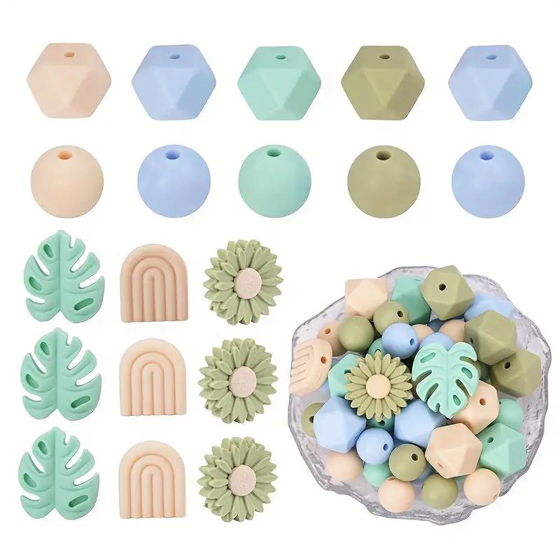 55PCS daisy silicone bead set, featuring leaves and arches, suitable for DIY jewelry, keychains, bracelets, and handmade items