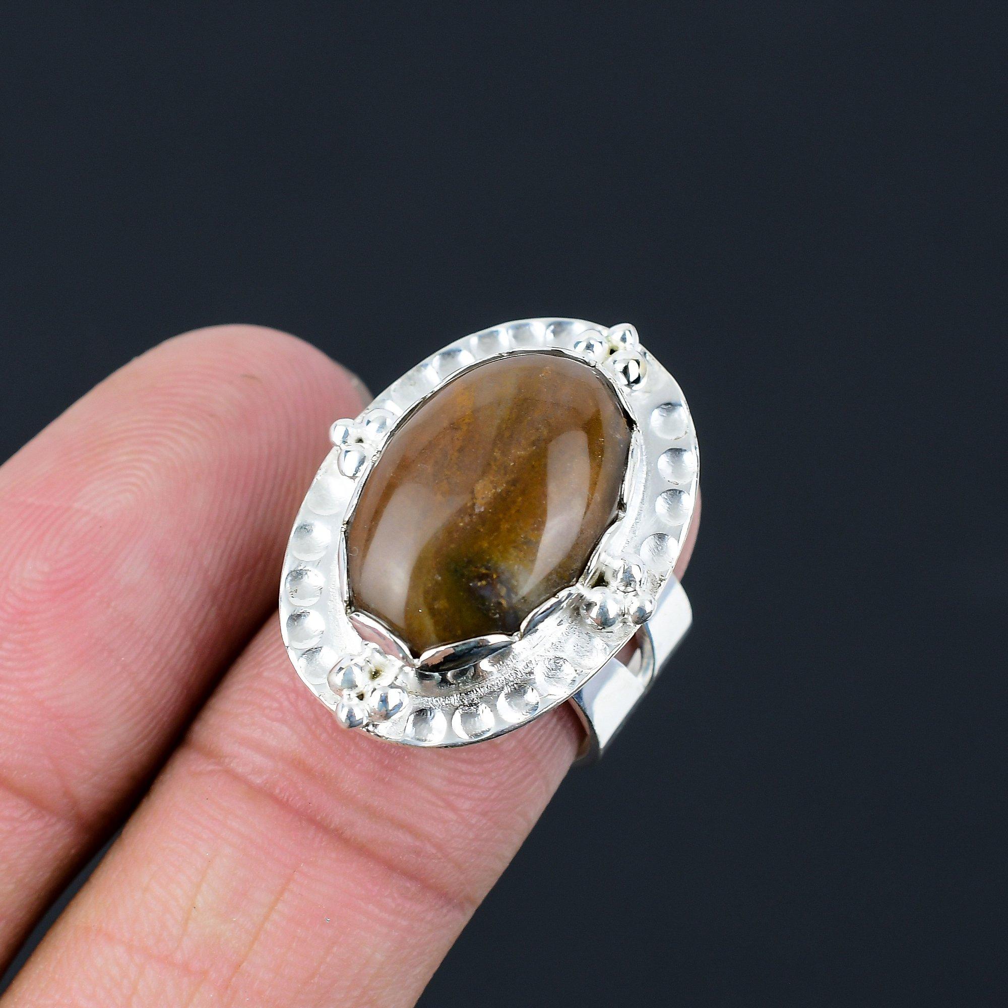 925 Sterling Silver Natural Plume Agate Statement Daughter Ring Jewelry US 7.5 7.5