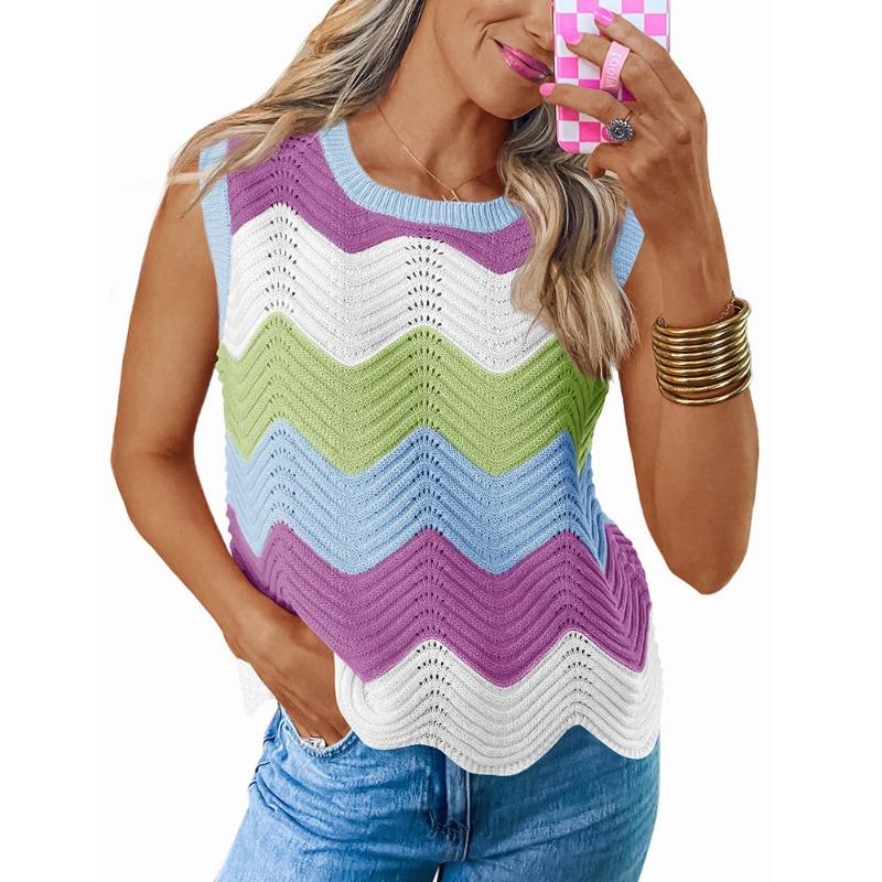 

Летний вязаный топ с круглым вырезом, жилет с короткими рукавами, волнистый свитер контрастного цвета XL фиолетовый