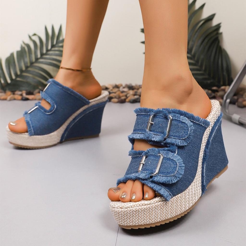 Papuci din denim Pantofi pentru femei Pantofi de vară confortabili anti-alunecare Tobogane pentru plajă în aer liber Pantofi ocazionali pentru femei Sandale cu tocuri înalte