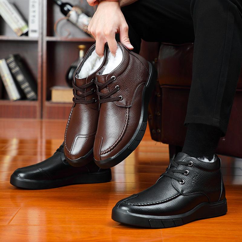 Winter First Layer Cowhide Wool Men's Cotton Shoes Genuine Leather Velvet Warm Dad Men's Shoes High-top Casual Men's Leather Shoes