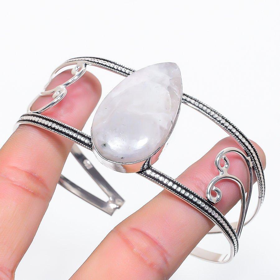 Natural Moonstone Gemstone 925 Sterling Silver Cuff Bangle Adjustable H0S51