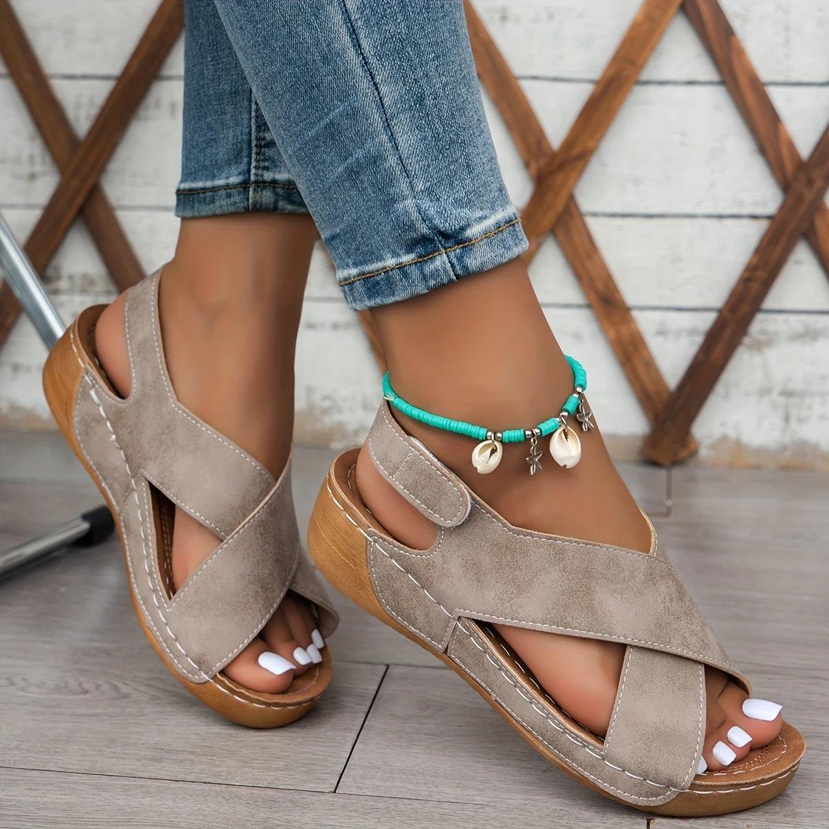 

Женские модные босоножки Cross с танкеткой - удобные открытые туфли на платформе без застежек 41 хаки