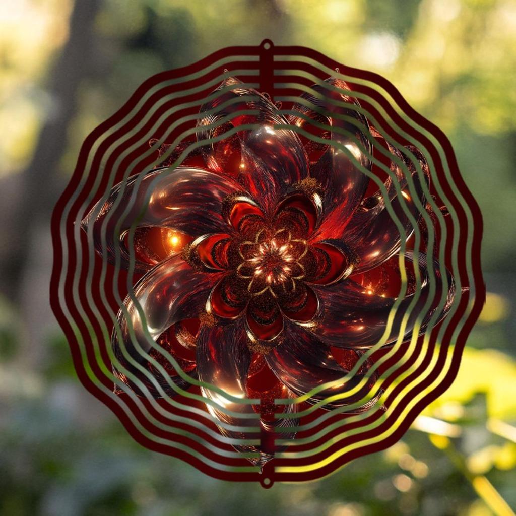 Deep Red Golden Floral Wind Spinner 10 Inch Metal Garden Decor for Outdoor All Seasons 360 Degree Hanging Hook Creative Gift