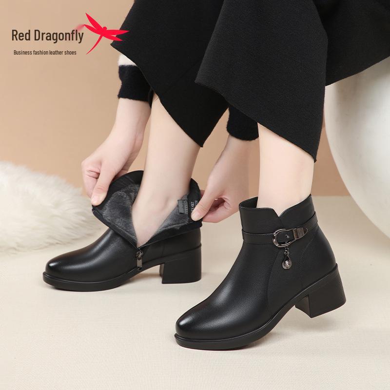 Red Dragonfly Women's High-Heel Ankle Boots - Winter Style, Genuine Leather with Velvet Lining, Chunky Heels, Warm and Stylish.