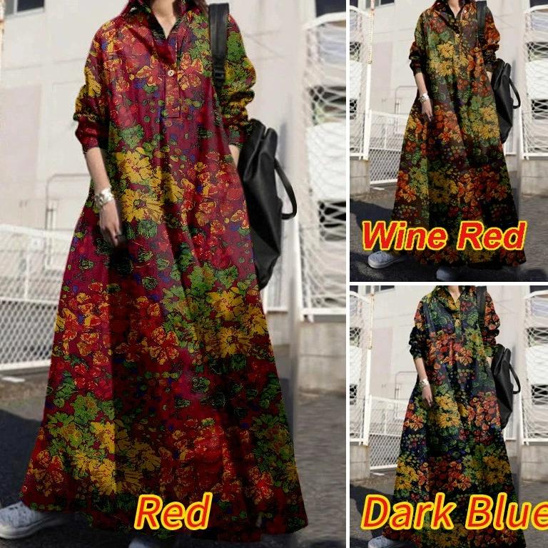 Damen Langarm Maxi Kleider Umlegekragen Blumendruck Langes Kleid