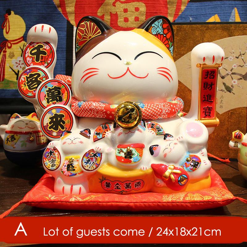 8.2 Inch Ceramic Lucky Cat Ornament Maneki Neko Beckoning Cat with Movable Arm Porcelain Figurine Decoration Statue