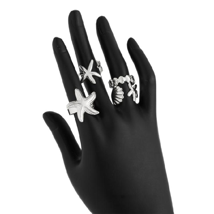 Pack of 4 Summer Gold & Silver Alloy Rings Adjustable Starfish Design Women's Beach Jewelry Set Coastal Fashion Accessories