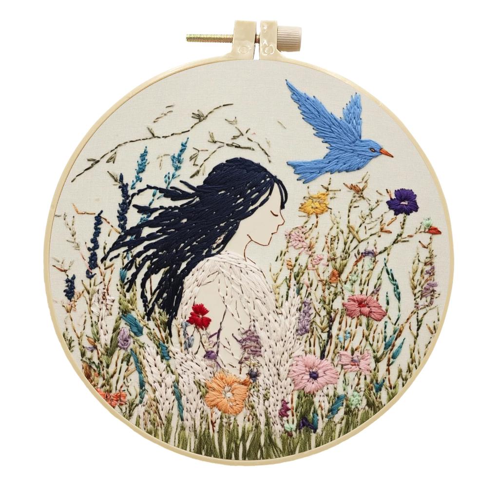 1set Simple Linen Oil Painting Girl Series Cross Stitch Embroidery Material Kit - Easy Tutorial for Beginners, Tools and Fabric Craft Material Kit