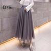 Women Midi Skirt Elastic High Waist Long Skirt with Solid Mesh Hem Solid Color A-Line Skirt Daily Wear