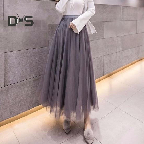 Women Midi Skirt Elastic High Waist Long Skirt with Solid Mesh Hem Solid Color A-Line Skirt Daily Wear