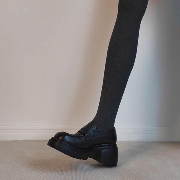 Lan Cabinet Edition~ Leather thick-soled muffin one-pedal loafers women's retro British black versatile small leather shoes single shoes