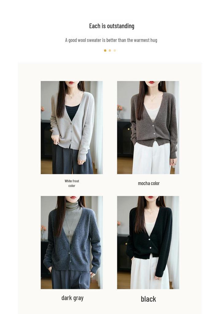 Women's 100% Wool V-Neck Cardigan Sweater - Solid Color, Long Sleeve, Short Jacket for Autumn/Winter