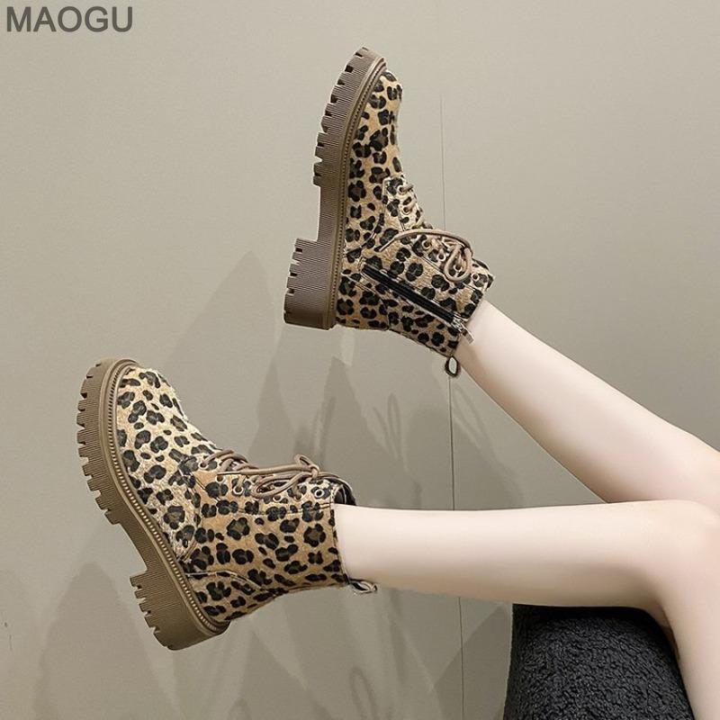 Shoes for Women Fashion Lace-up Women's Boots Spring Autumn Round Toe Leopard Botines Size 35-40 Botas De Mujer
