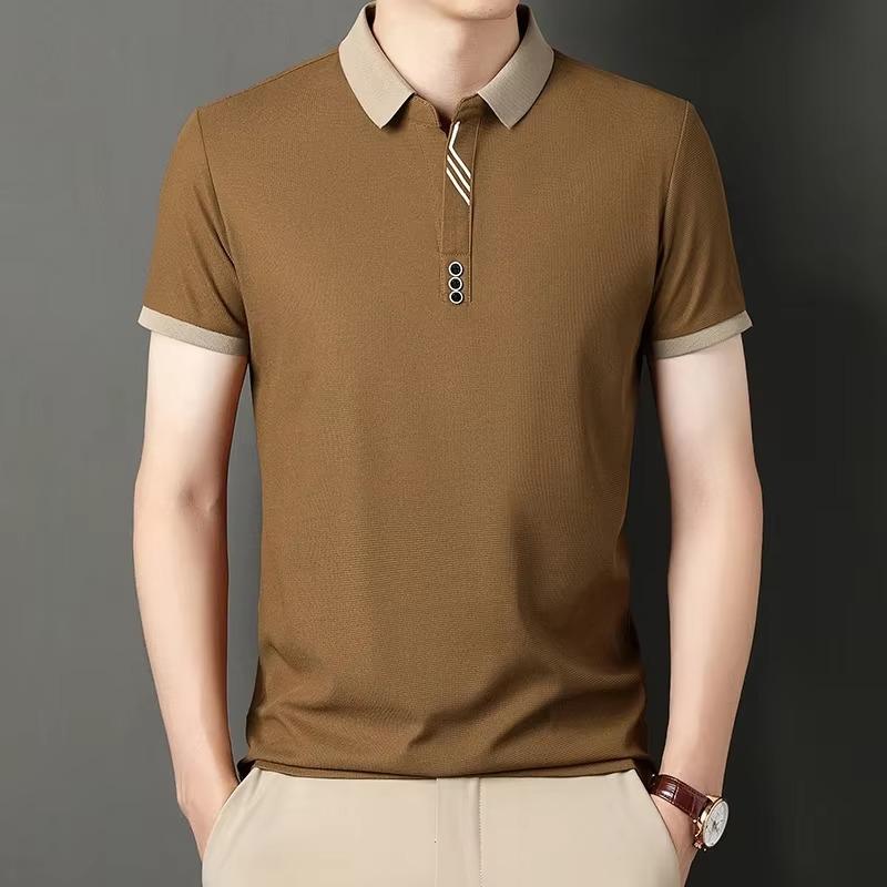 Summer Men's Polo Shirt Jacquard T-shirt Lapel Collar Color Block Casual Short Sleeve Tees Breathable Male Button Tops