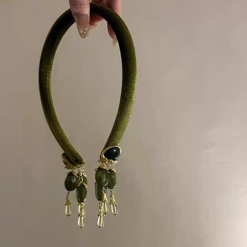 Autumn And Winter Vintage Olive Gemstone Green Hair Band Chinese Hair Accessories Headband Headdress Hair Cards