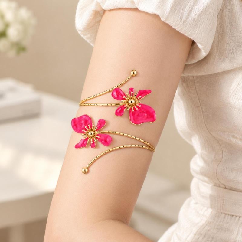 Openwork Upper Arm Cuff with Two Irregular Flowers, Intersecting Gold-Tone Bands, Rounded Ball Ends, and Clasp-Free Wear