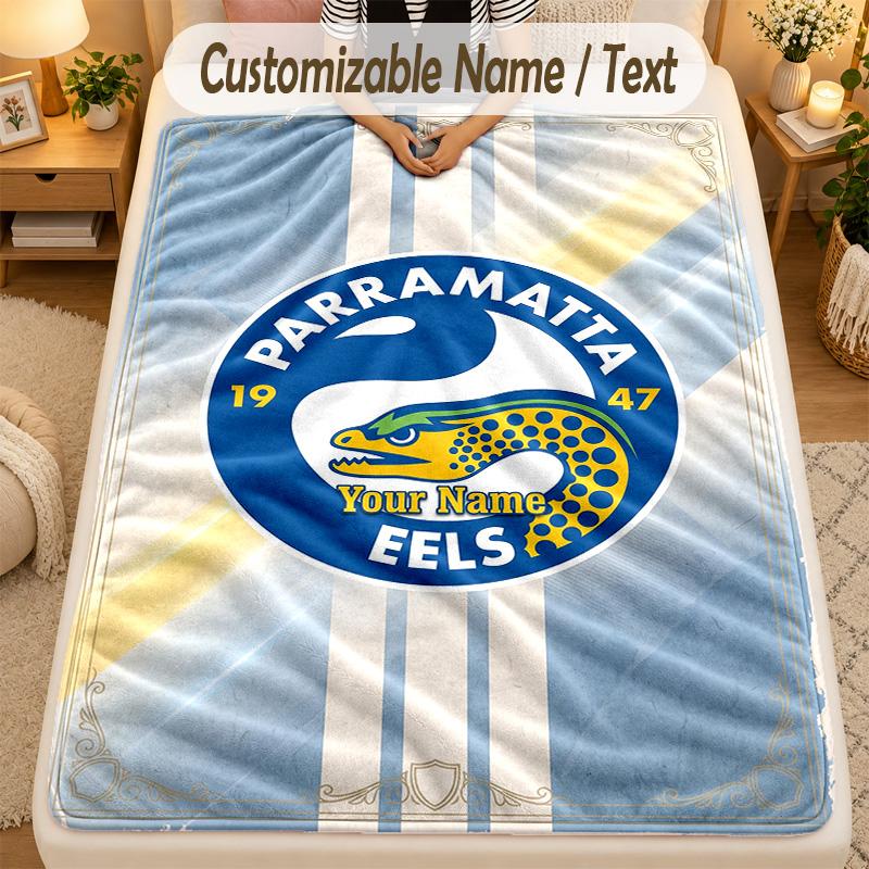 Flannel BlanketParramatta Eels Custom Name Text Personalized Soft Warm Throw Blanket Home Decor Gift