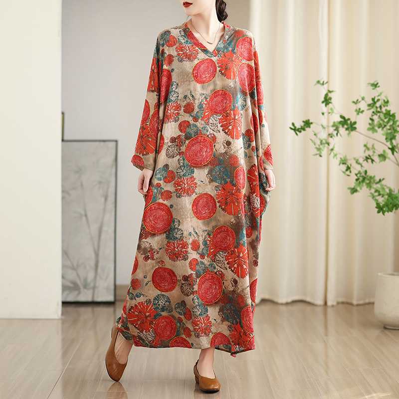 Colorful Travel V-neck Retro Long Skirt Cotton Linen Dress