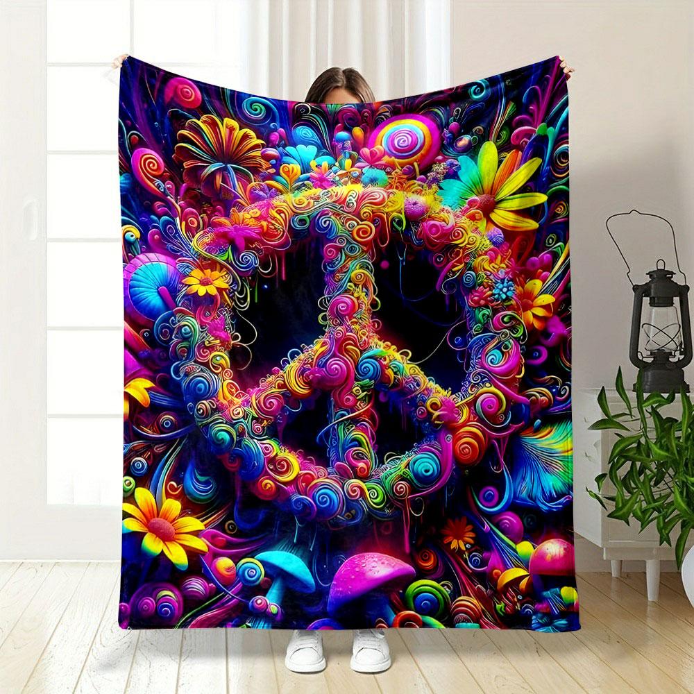 Colorful Peace Sign with Floral Design Patterned Blanket, Flannel, Suitable for All Seasons, Home Decor, Warm and Cozy