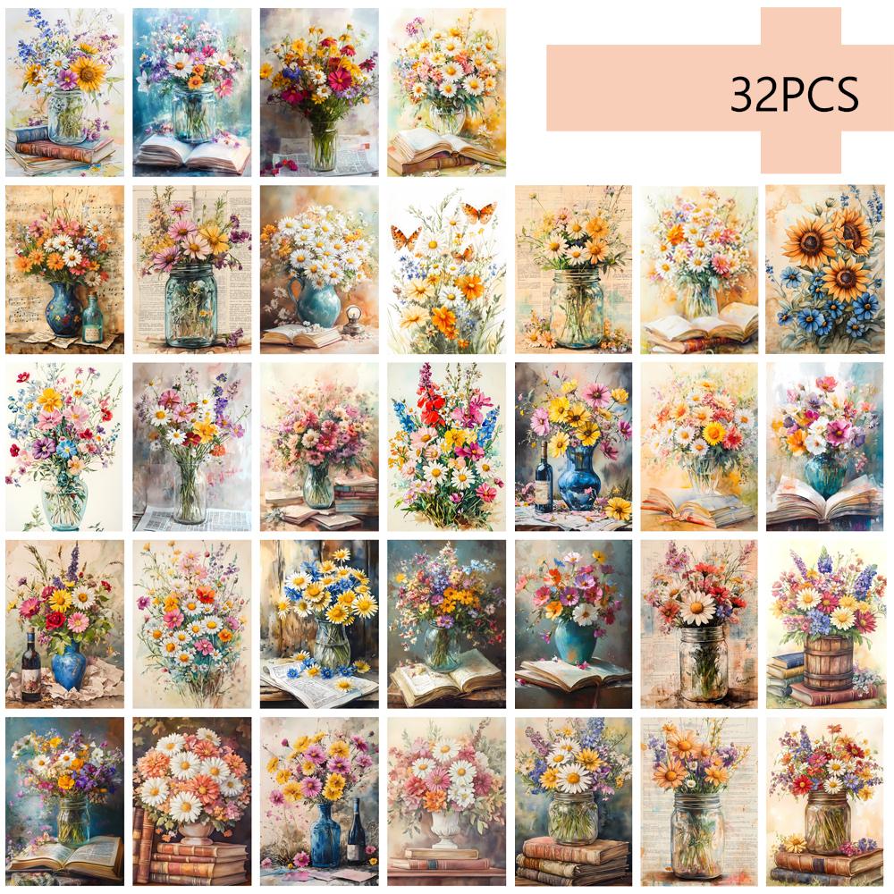 

32pcs retro floral postcards, sunflowers, chrysanthemums, ins style, wall decorations, mailing, collecting, DIY cards чистый