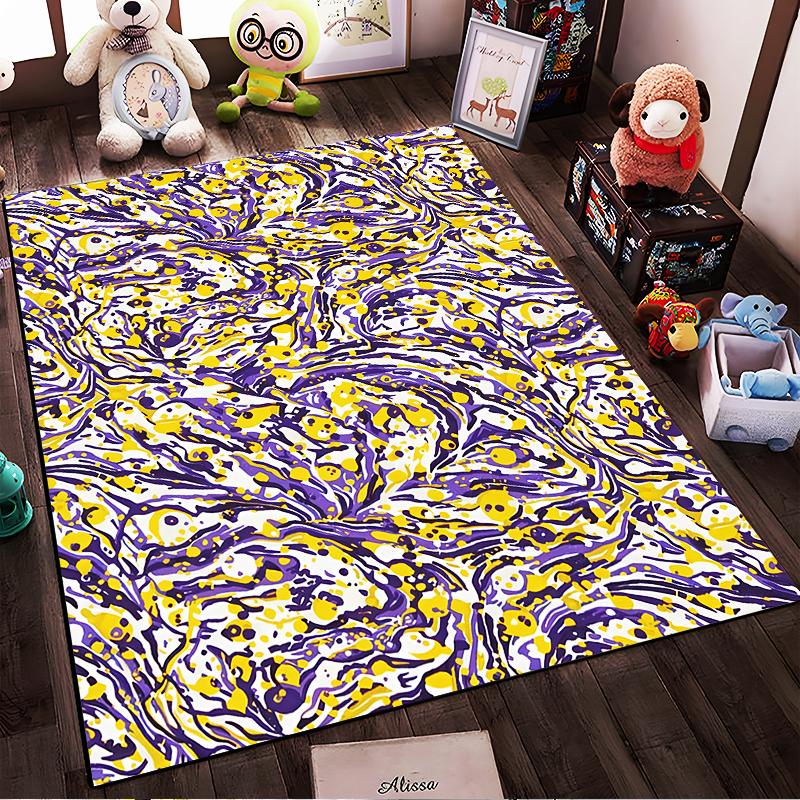 Abstract Colorful Artistic Carpet with Yellow, Purple, and White Patterns Suitable for Use As an Anti-slip for Living Room Bedroom Sofas