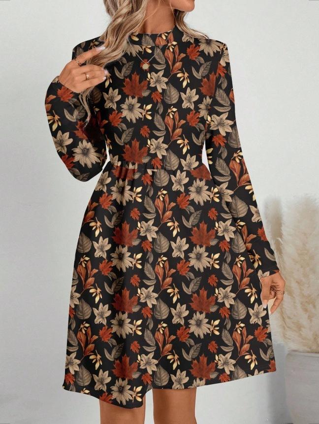 Autumn and winter new casual fashion floral printing long-sleeved stand-up collar dress women's clothing