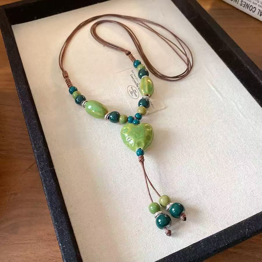 JMXD-Creative Retro Ethnic Style Hand-woven Long Sweater Chain Literary and Versatile Ceramic Love Necklace Accessories