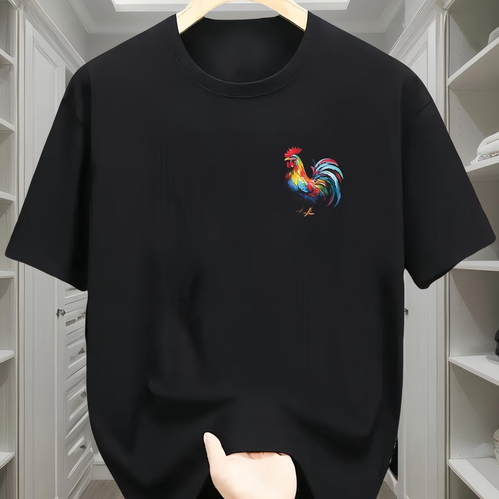 Men's summer 100% pure cotton fashionable casual loose sports bright rooster print round neck short sleeved T-shirt top