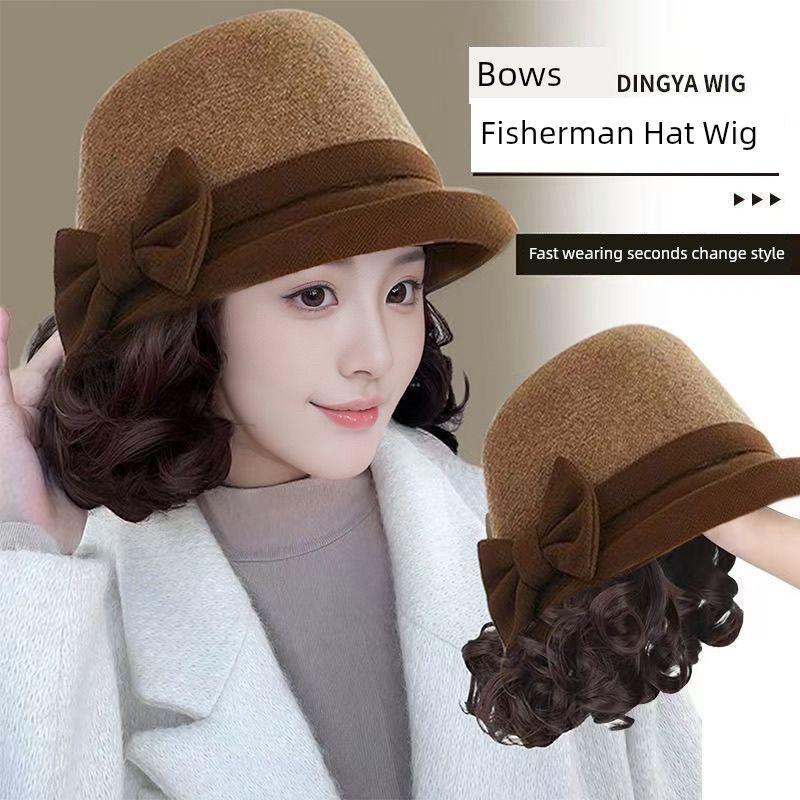 

Шапка Парик Интегрированный Женский Осенне-Зимний Новинка Шапка для Мам Среднего и Пожилого Возраста Короткие Вьющиеся Волосы Панама Шапка с Флисовой Подкладкой Heattech Brown Cap-Dark Brown Wig