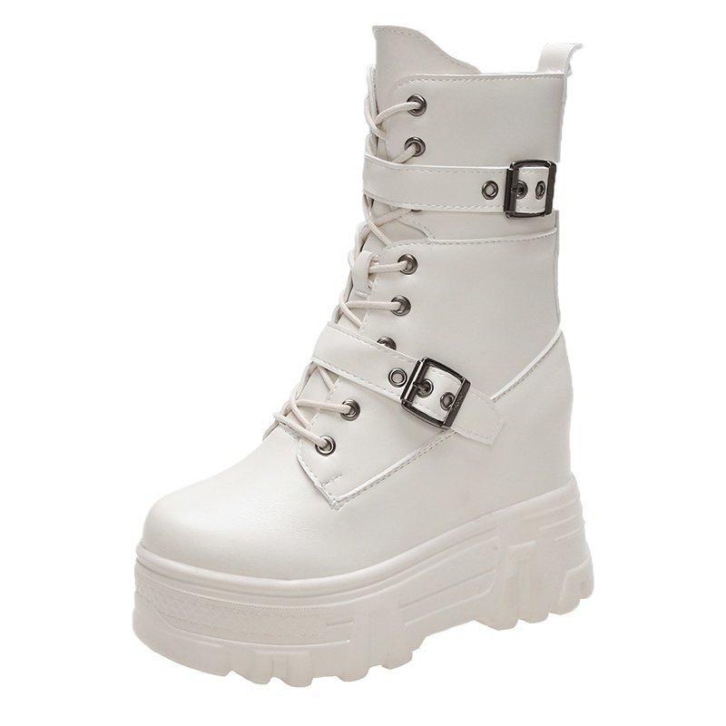 

Осенние кожаные женские ботильоны Классические готические ботинки на высокой платформе и толстой подошве Зимние мотоциклетные ботинки Теплые плюшевые кроссовки 34(Foot 22cm) бежевый