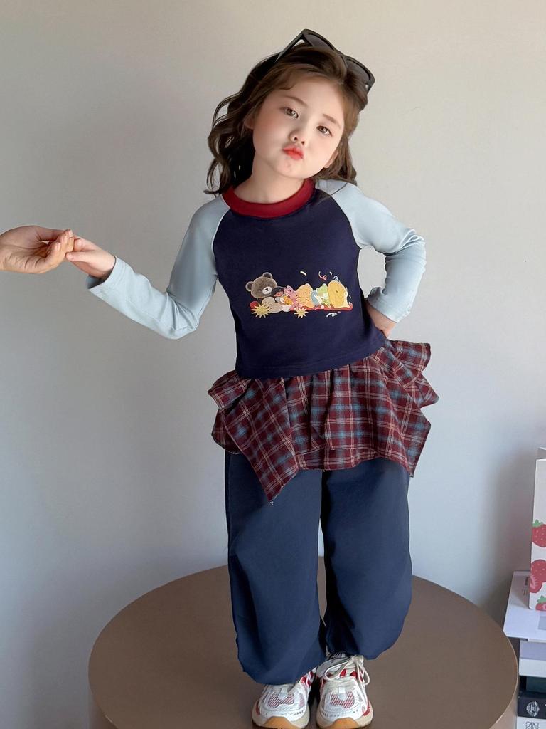 Girls' Korean Cartoon Plaid Bib Overalls Set - Autumn 2025 Edition