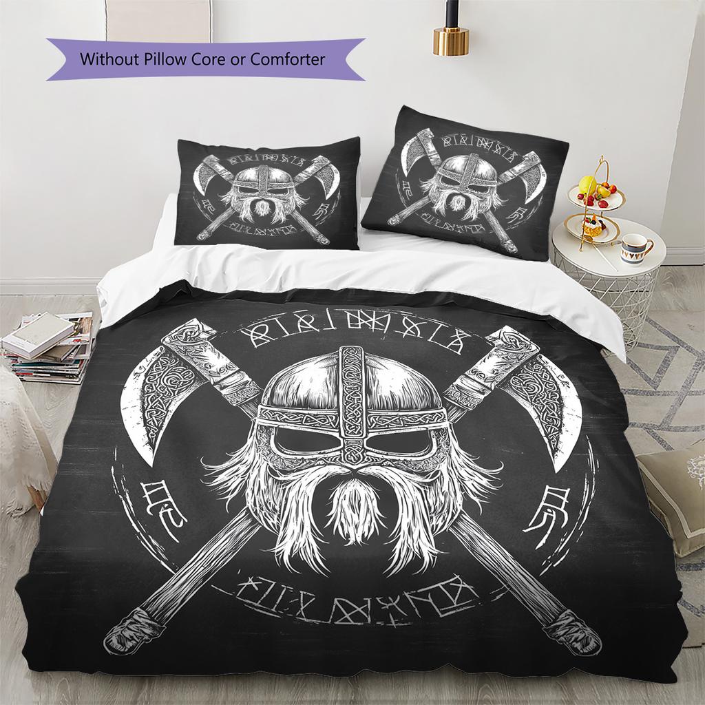 Wikinger-Krieger Muster Bettwäsche Steppdecke Set Bettbezug Kissenbezug Heimdekoration Geschenk (1 Bettbezug + 2 Kissenbezüge, ohne Füllung)