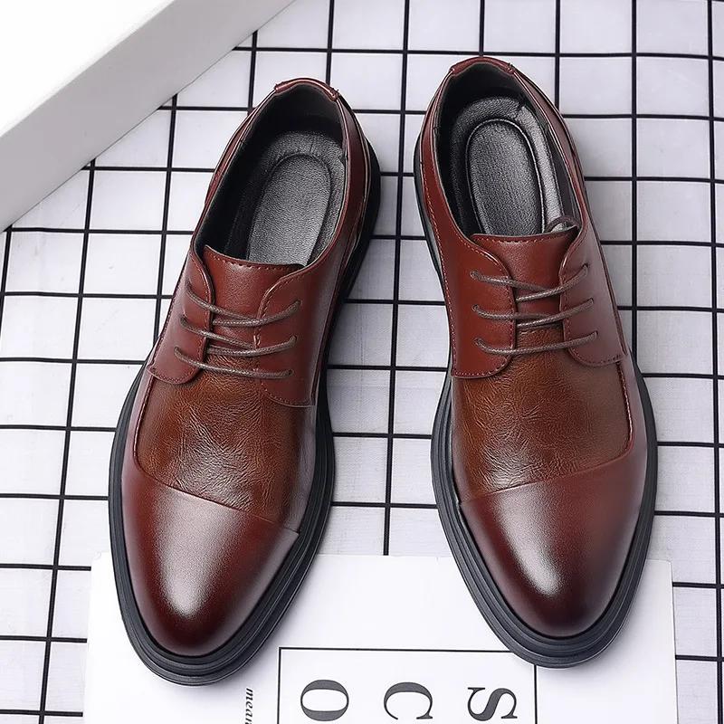 Fashion Designer Brand Black Leather Shoes for Men Wed Dress Shoe Lace Up Casual Business Oxfords Point Toe Office Formal Shoes for Male