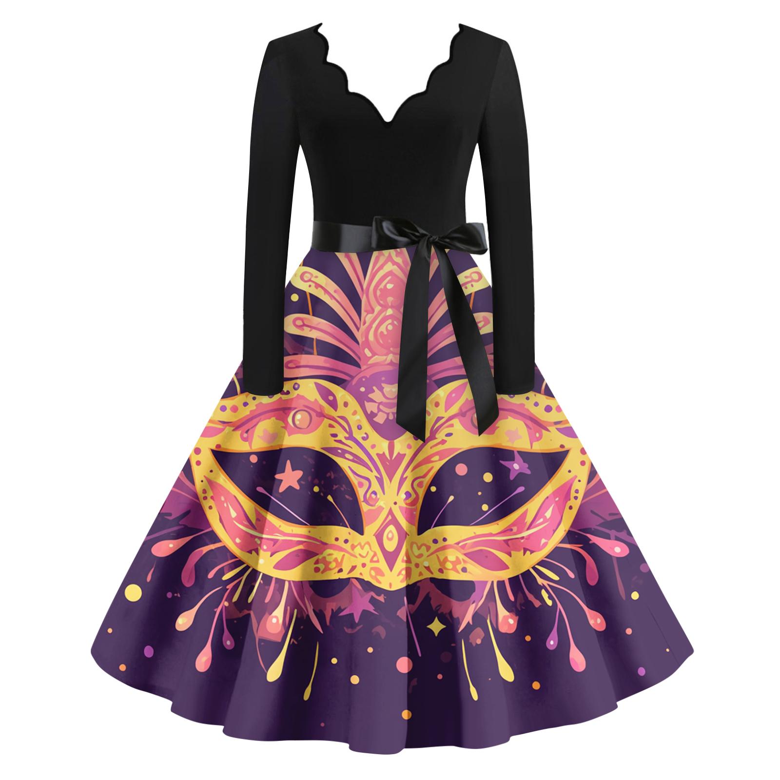 

Женское повседневное модное платье с V-образным вырезом и длинным рукавом с принтом в винтажном стиле XL