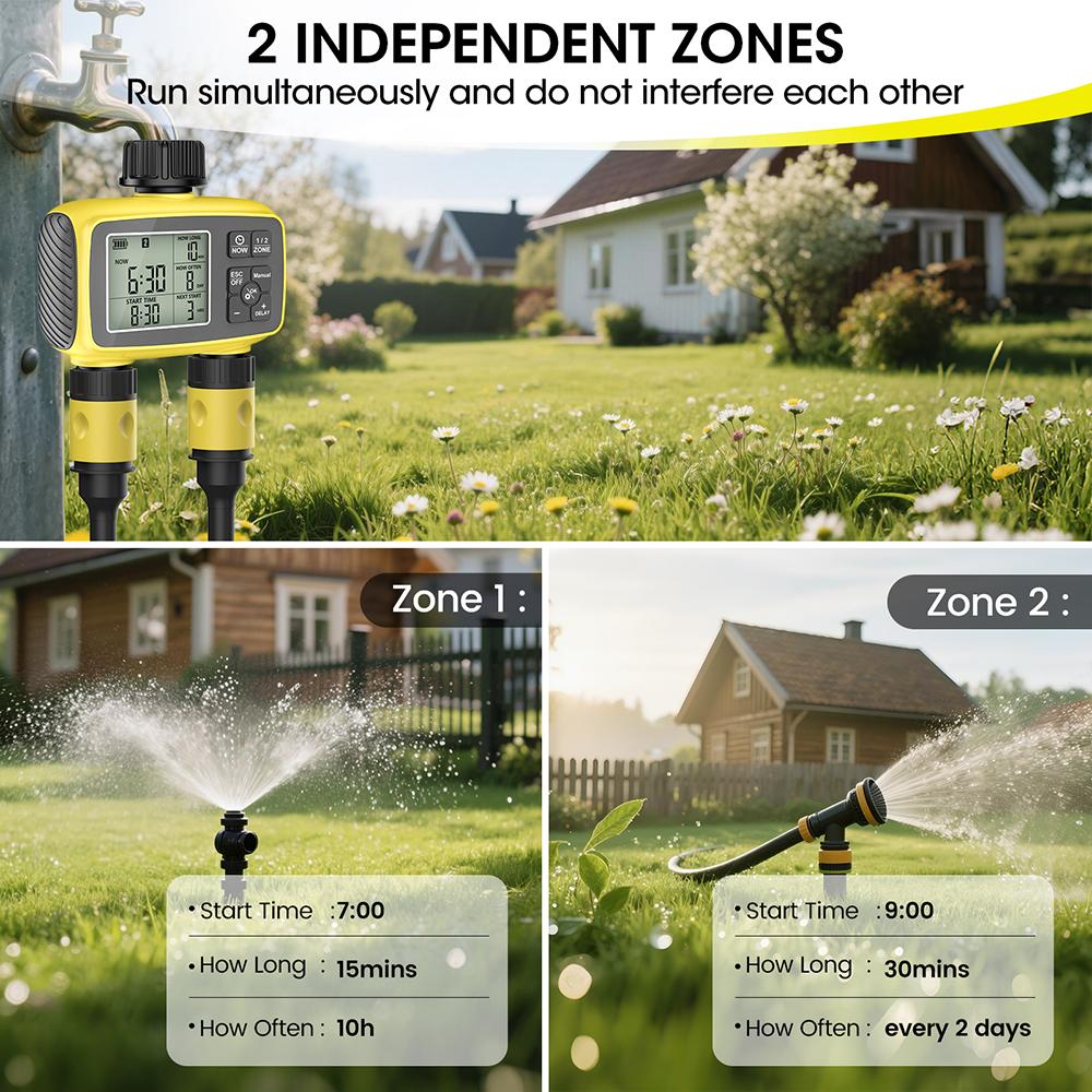 Large Screen Display Garden Irrigation Timer 2 Outlets Smart Water Timer Irrigation Control System Timed Water Value IPX5