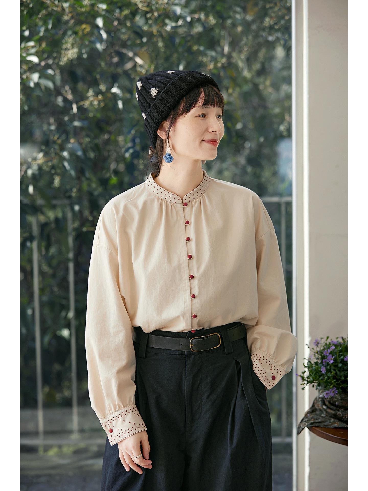 Spring Retro Women s Casual Embroidered White Shirt - Loose Fit, Artistic, Fairy-Inspired Design Medium