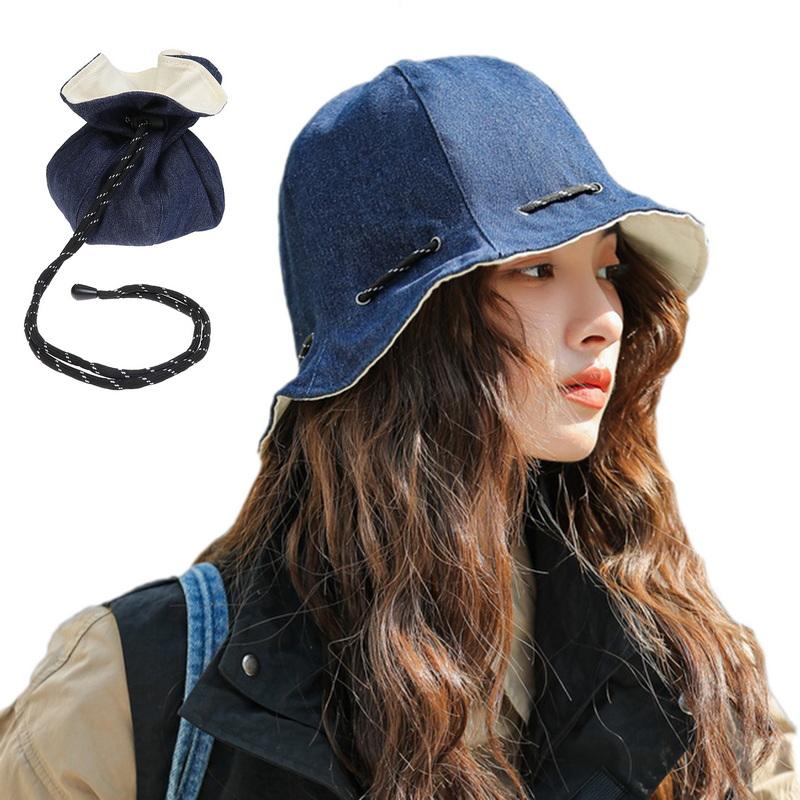 

Регулируемая джинсовая панама на шнурке, сумка для хранения 3 в 1. Двусторонняя складная портативная пляжная кепка с широкими полями. One Size синий