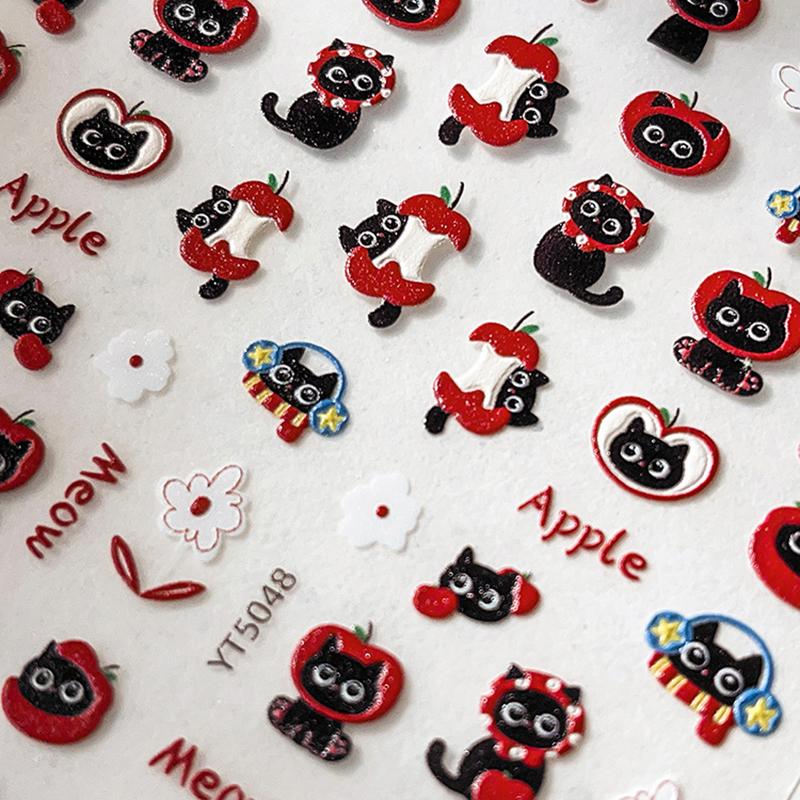 3D Graffiti Black Cartoon Cat Nail Stickers Red Apple Black Cat Animal Nail Decal Slider