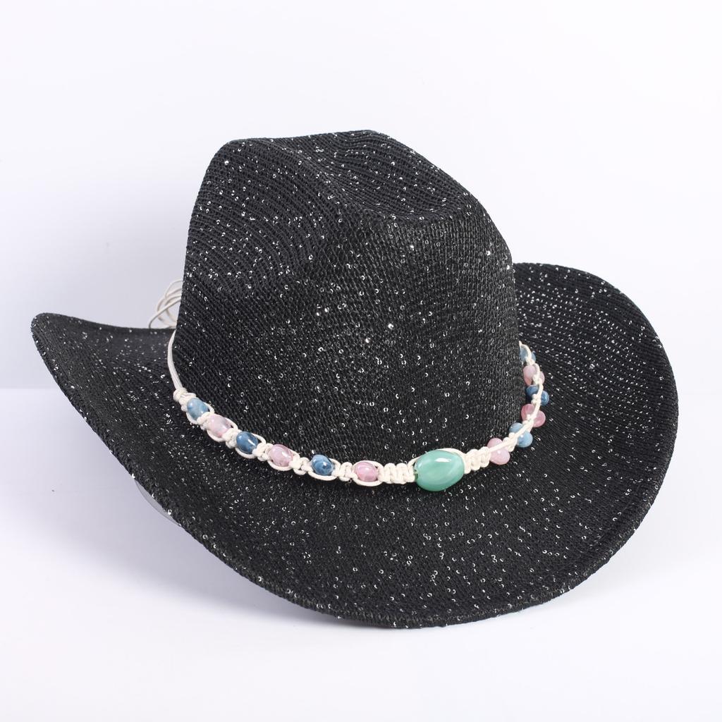 Popular European and American Classic Western Denim Straw Hat, Men's and Women's Fashion Outdoor Sunscreen Sequined Straw Hat
